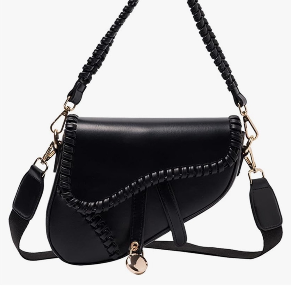 Black leather saddle bag crossbody new with detachable straps